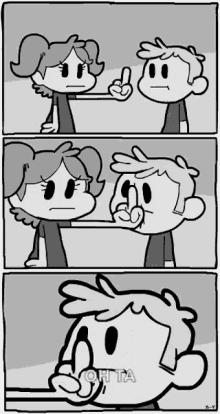 a black and white cartoon of a girl pointing at a boy with the words oh ta on the bottom right
