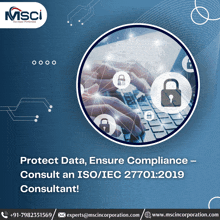 an advertisement for msci that says protect data ensure compliance consult an iso / iec 27701 : 2019 consultant