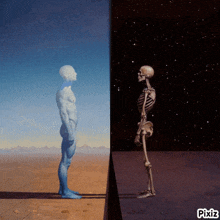 a painting of a man and a skeleton with pixiz written in the bottom right corner