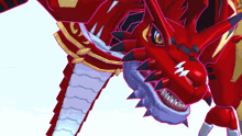 a cartoon drawing of a red dragon with a white tail and yellow eyes