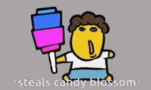 a cartoon character is holding a lollipop with the words " steals candy blossom " below it