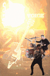 a man playing drums and a man playing a guitar with the word voice in the background