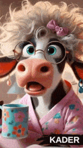 a cartoon cow wearing glasses and a bathrobe is sitting at a table with a cup of coffee .