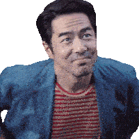 a man wearing a blue jacket and a red and white striped shirt