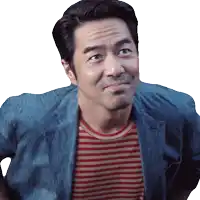 a man wearing a blue jacket and a red and white striped shirt