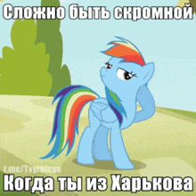 a cartoon of a pony with a rainbow mane and tail is written in russian