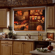 a kitchen with a window with blinds that says mission podcast on it