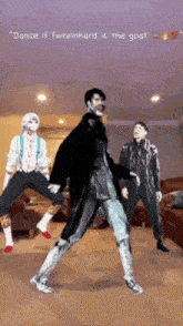 a group of people are dancing in a living room with the words " dance if fwreinhard is the goat "