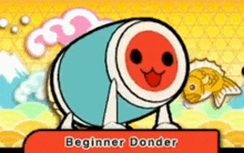 a cartoon drawing of a drum that says beginner donder on it