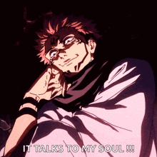 a picture of a man with the words it talks to my soul below him