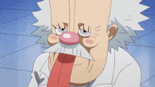 a cartoon character with a pink nose has his tongue out