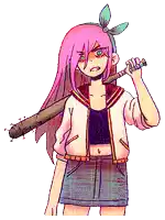 a cartoon girl with pink hair is holding a baseball bat .