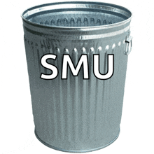 a metal trash can has smu written on it
