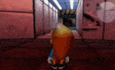 a cartoon character standing in a hallway with a red wall