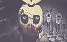 a cartoon of a chicken with a bloody face standing next to a checkered floor and a wall .