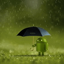 a green android robot is holding an umbrella in the rain .