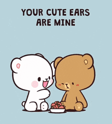 a couple of teddy bears sitting next to each other with the words " your snacks are also mine "