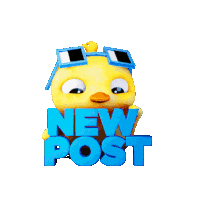 a cartoon chicken wearing sunglasses says " new post " in blue letters