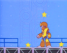 a cartoon of a robot fighting another robot on a blue background