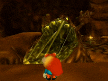 a cartoon character is standing in front of a monster with a large mouth and teeth