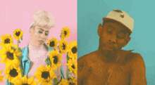 a woman and a man are standing next to each other with sunflowers