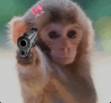 a baby monkey with a pink bow on its head is pointing a gun at the camera .