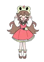 a drawing of a girl wearing a pink dress and a frog hat