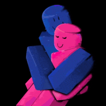 a blue and pink cartoon character hugging each other with their eyes closed