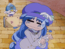 a cartoon character with blue hair and a purple hat has the number 20 on her hat