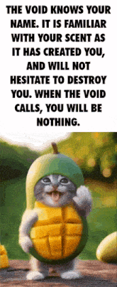 a cat wearing a mango costume with a quote about the void