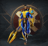 a man in a x-men costume holds a spear