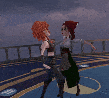a couple of cartoon characters standing next to each other with the letter c on the floor