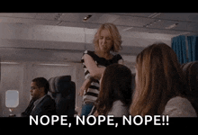 a group of people on a plane with the words nope nope nope