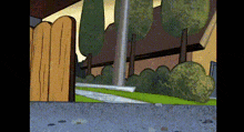 a cartoon drawing of a house with a wooden fence and trees .