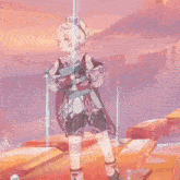 a girl with cat ears is holding a blue book and a sword .