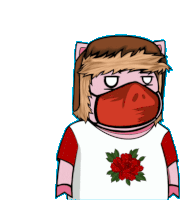 a pig wearing a red mask and a white shirt with a rose on it