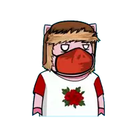 a pig wearing a red mask and a white shirt with a rose on it