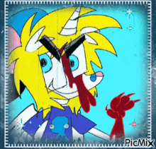 a picture of a cartoon character with blood coming out of his nose and mouth and the words picmix on the bottom