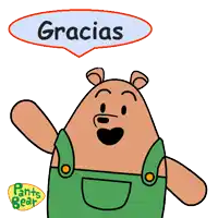 a cartoon bear wearing green overalls and a gracias speech bubble