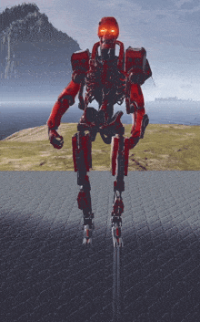 a red robot with red eyes is standing on a brick floor
