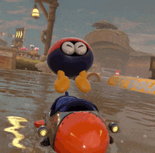 a cartoon character is flying over a body of water in a video game
