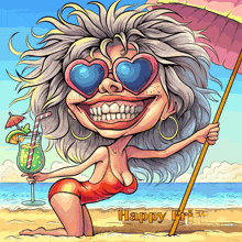 a cartoon of a woman holding an umbrella and a drink with the words happy friday behind her
