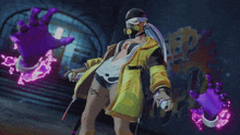 a woman in a gas mask is holding a purple hand in front of a wall that says eeep