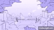 a drawing of a woman in a purple dress standing in a glass dome .