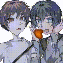 two anime characters are standing next to each other and one of them is holding a heart shaped object .