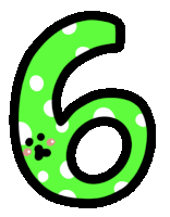 the number six is green and white with polka dots and a paw print .