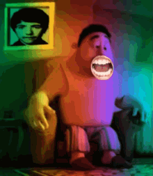 a cartoon character is sitting in a chair with a picture of a boy behind him
