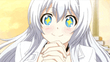 a girl with white hair and blue eyes is smiling