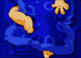 a pixel art drawing of a person laying on a bed with a blue blanket