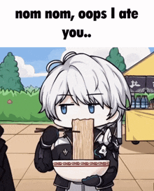 a cartoon of a boy eating noodles with chopsticks and the caption nom nom oops i ate you
